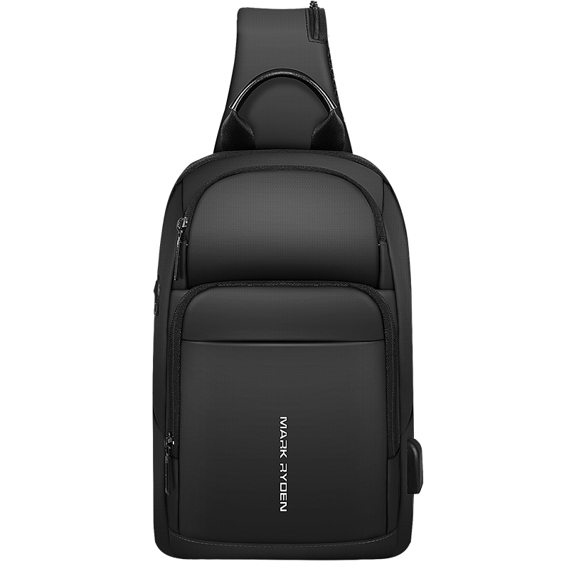 马可莱登（MARK RYDEN）单肩包男士胸包大容量斜挎包多功能9.7英寸iPad小背包旅行挎包MR7618典雅黑