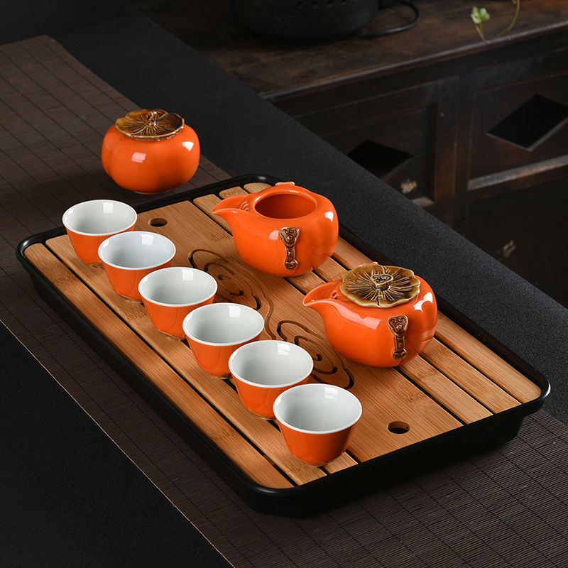 新款创意柿子功夫茶具旅行茶壶套装一整套家用陶瓷茶叶罐茶盘茶杯 企鹅壶一壶一罐六杯公道杯+茶盘