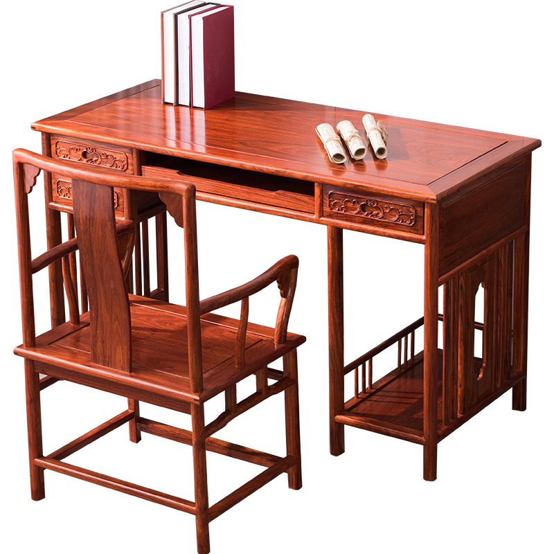 比艺 红木家具非洲花梨（学名：刺猬紫檀）新中式电脑桌台式 实木书桌椅组合家用写字台办公桌 1.28米电脑桌椅两件套
