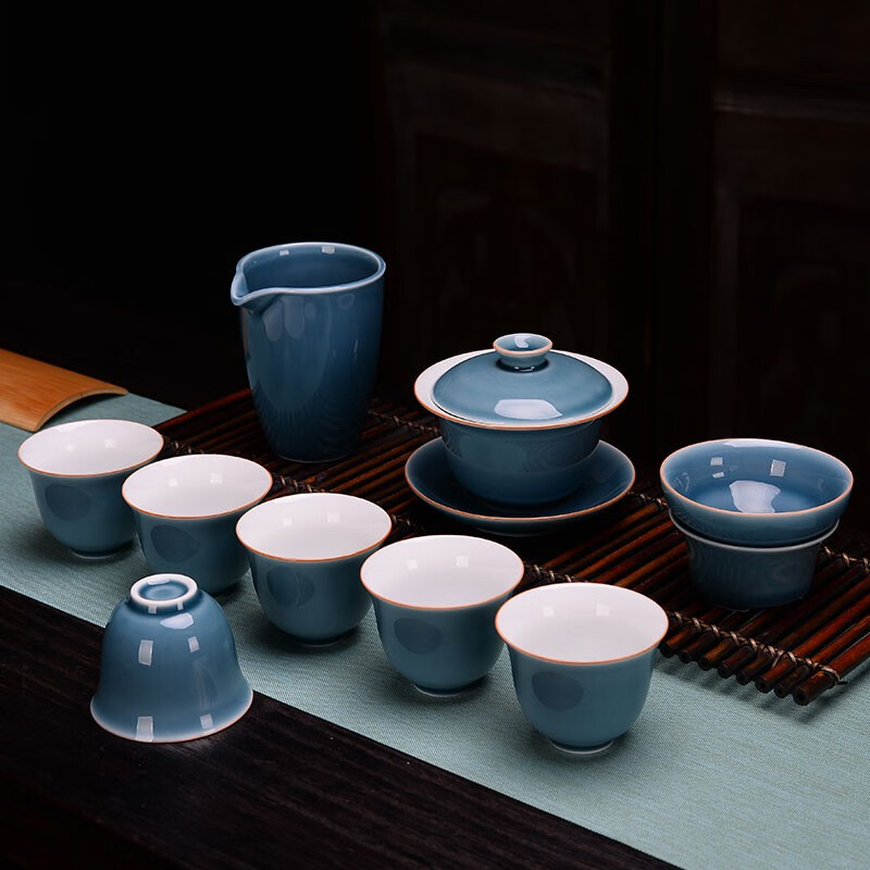苏客 茶具套装陶瓷家用简约办公室茶壶茶杯盖碗茶碗泡茶功夫茶具礼盒装 盖碗套装(霁蓝)