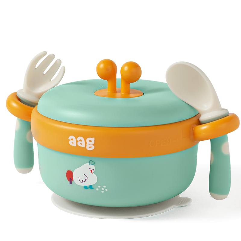 aag辅食碗可拆卸（三件套含碗勺叉） 儿童餐具套装 注水保温碗吸盘碗儿童碗辅食勺套装-云绿款