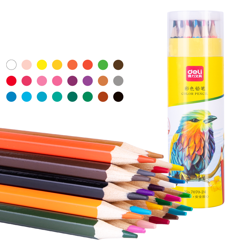 得力(deli)24色油性彩铅 原木六角杆彩色铅笔 学生绘画艺术写生手绘专业儿童画笔套装文具 筒装DL-7070-24
