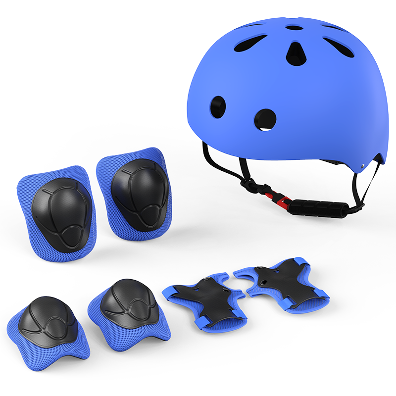 京东京造 头盔护具套装 轮滑护具儿童溜冰鞋滑板平衡车自行车护具 护膝护肘护掌头盔7件套装 蓝色