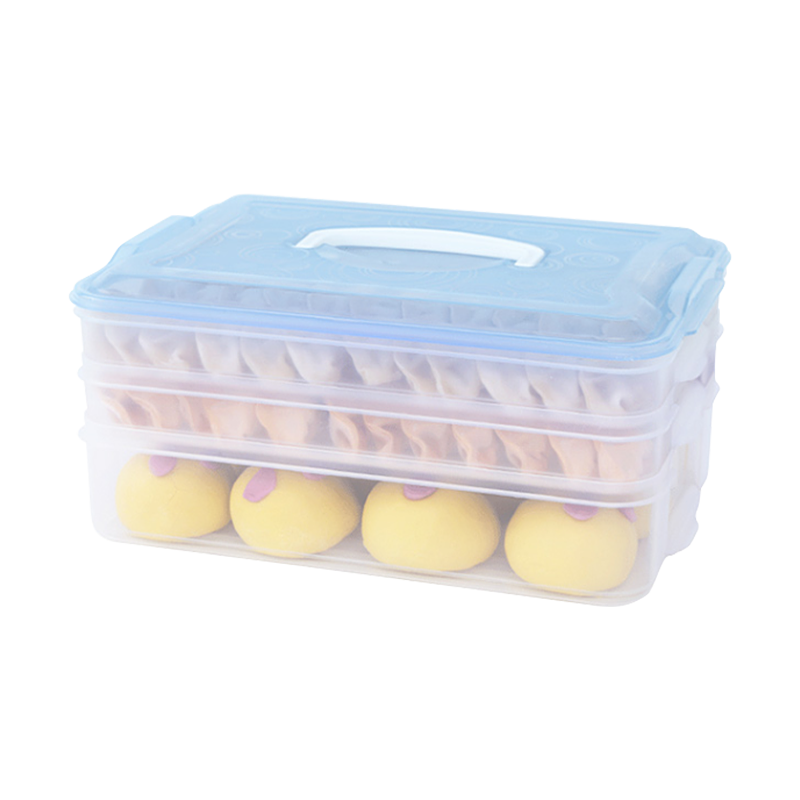 佳佰 饺子盒冰箱保鲜收纳盒冻水饺盒鸡蛋盒混沌盒速冻食物带盖托盘 3盒1盖透明蓝