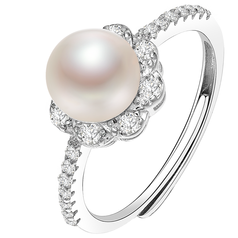 京润 韵朵 S925银淡水珍珠戒指 7-8mm白色馒头形时尚简约百搭珠宝
