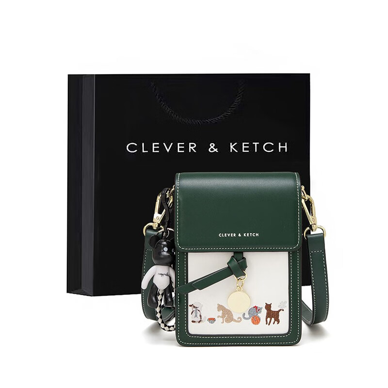 Clever&Ketch CK女包包手机包2022新款潮时尚网红刺绣单肩斜挎包迷你轻便小挎包 军绿色