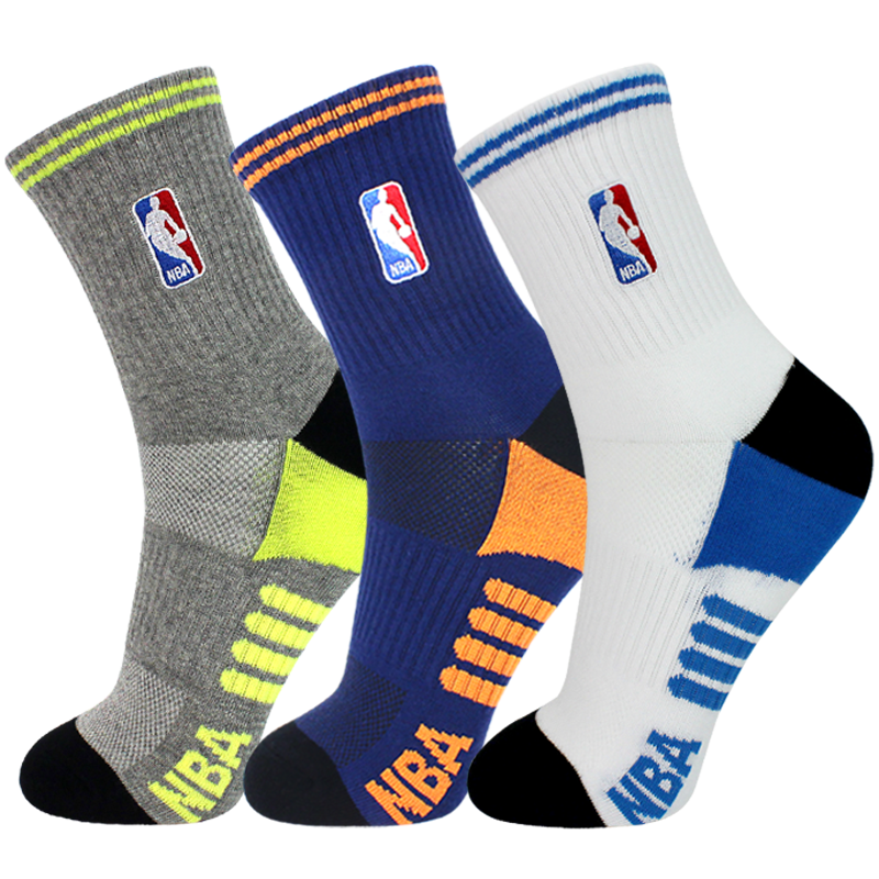 NBA专业篮球袜 男士中筒运动袜毛圈底加厚吸汗缓冲网眼透气防滑训练袜3双装 混色