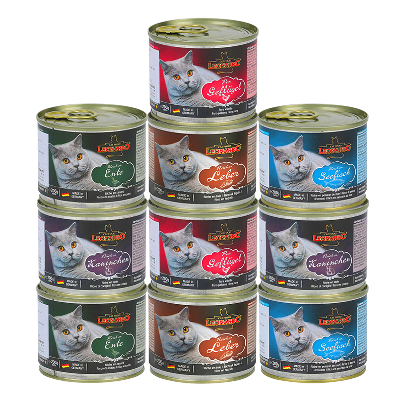 德国小李子猫罐头Leonardo莱昂纳多无谷猫主食罐头猫零食猫罐头猫咪湿粮 混合口味10罐（家禽3+鱼4+鸭1+肝脏2）
