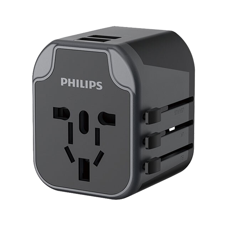 飞利浦(PHILIPS)全球通用国际转换插头 日本英欧美标万能双USB环球旅行插座多国电源转换器 酷黑双USB