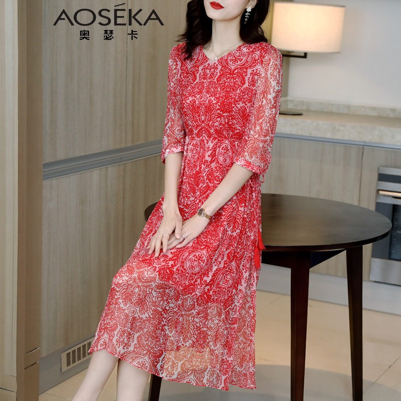 奥瑟卡（AOSEKA）轻奢品牌真丝连衣裙女2022春季新款设计感小众复古收腰系带桑蚕丝中长裙 红色  M