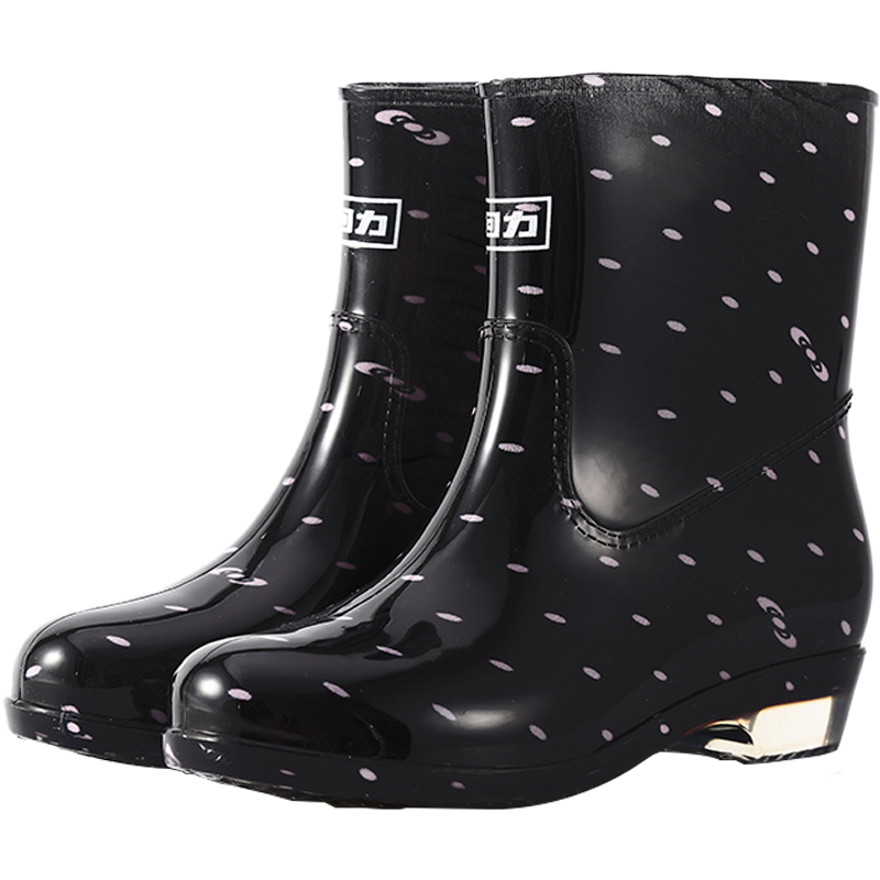 回力雨鞋女士时尚户外中筒防水雨靴水鞋胶鞋雨靴套鞋 HXL523 粉点黑 38码