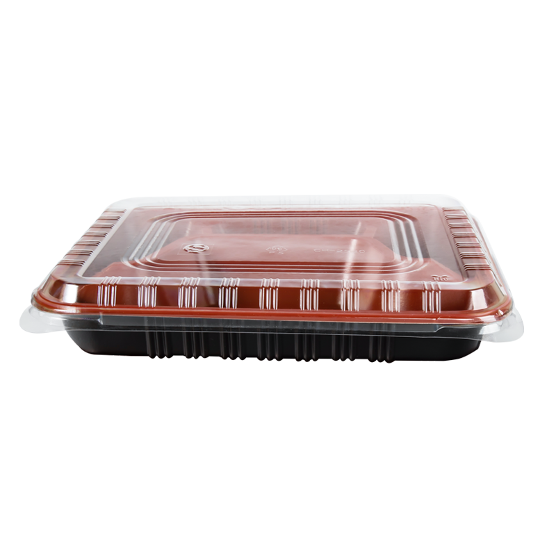 特美居一次性饭盒四格外卖餐盒1000ml打包便当塑料快餐盒长方形带厚盖分格100套TMJ-083黑红