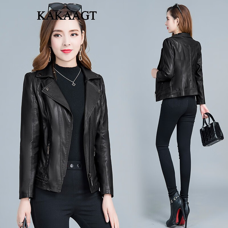 KAKAAGT品牌2021年春装新款皮衣女短款韩版修身皮夹克女士皮外套 黑色 L