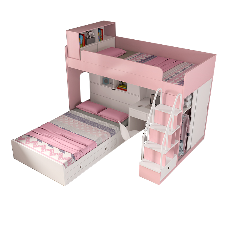 米林纳 组合儿童床上下床大人成人上下铺双层床高低床子母床北欧1.8米榻榻米高箱床储物床 B款 衣柜梯柜+小书架+1.8米高箱床 1800*2000
