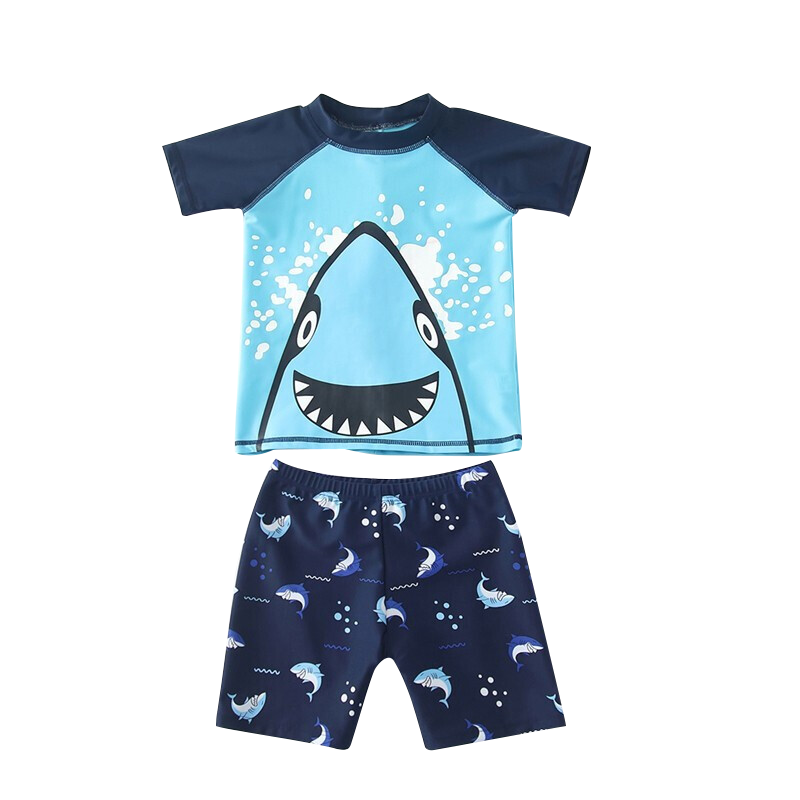 浪莎儿童泳衣男童泳裤泳帽泳镜套装男孩分体大中小童鲨鱼泳衣宝宝套装 蓝色鲨鱼 2XL（110-120CM）