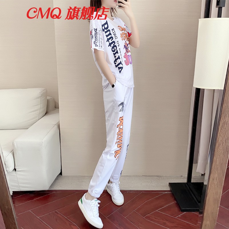 CMQ香港潮牌运动休闲套装女夏新款时尚宽松嘻哈白色短袖两件套 白色套装 S