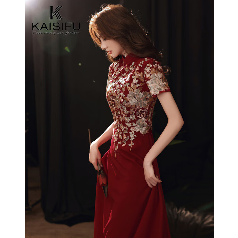KAISIFU品牌旗袍敬酒服新娘2021年新款酒红色长款晚礼服平时可穿收腰显瘦印花A字裙中国风 酒红色     XS
