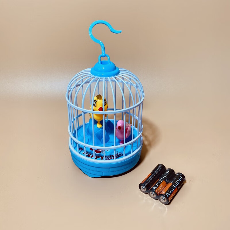 声控感应发光小鸟儿童电动宠物玩具仿真鸟笼会动会叫的小鸟 带灯光蓝色电池款 官方标配