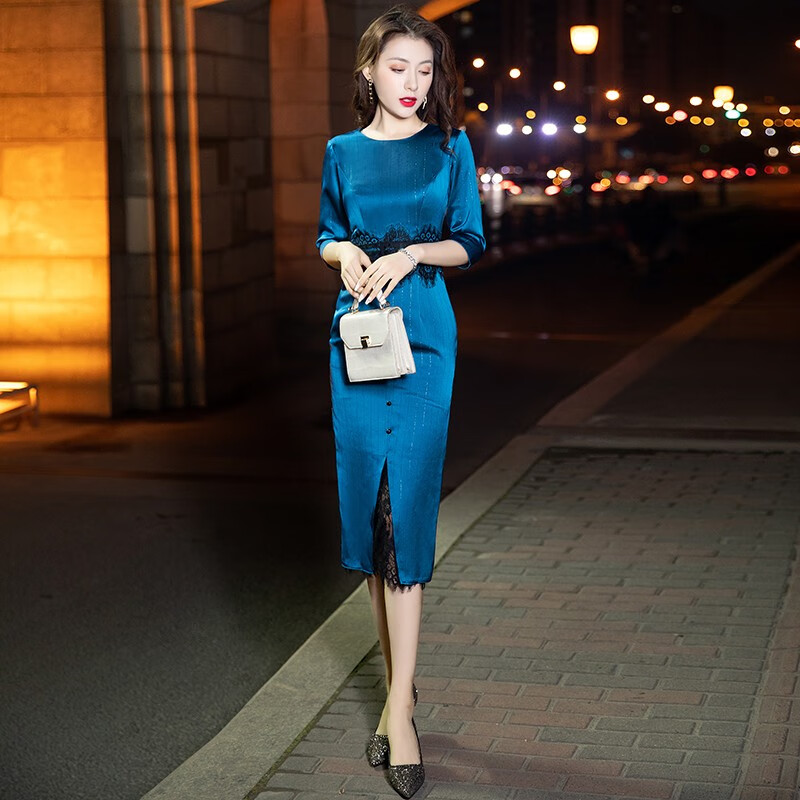 DieySa 蒂飒品牌女装蓝色晚礼服女2021新款优雅气质洋气高端宴会连衣裙 蓝色 XL