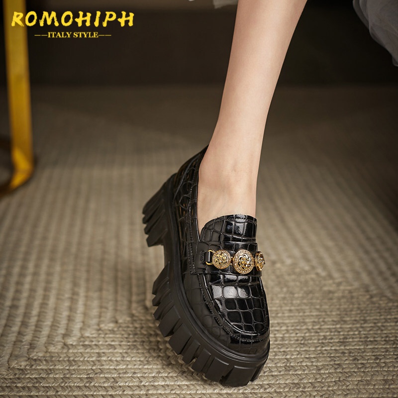 洛梦希菲（ROMOHIPH）品牌英伦厚底小皮鞋女新款圆头女鞋一脚蹬乐福鞋百搭松糕鞋 黑色 36
