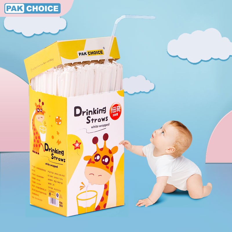 PAKCHOICE 吸管一次性独立包装儿童宝宝婴儿吸管纸吸管 呆萌长颈鹿透明弯吸管 300支/盒