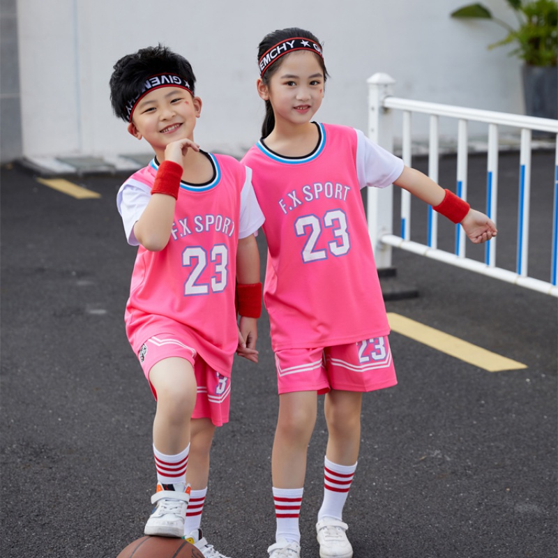 谛汐 女生篮球服套装有袖青春潮流儿童中长款亲子装宽松bf风假两件球衣 粉色短袖套装 童28码(150-155)