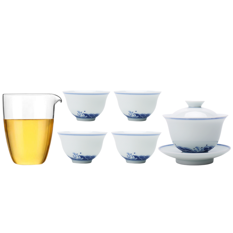 【景德镇官方】景德镇高端陶瓷白瓷盖碗套装青花海水纹盖碗茶杯公道杯组合