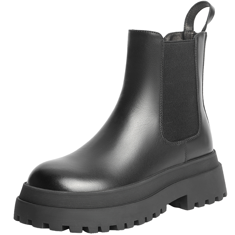 百丽切尔西靴女冬新款商场同款英伦厚底短靴加绒X2G2DDD1纯色松糕英伦 黑色 36