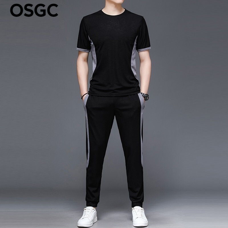 OSGC运动套装男设计师潮牌夏季新款男士冰丝速干短袖T恤长裤两件套休闲跑步健身服 2069黑色套装(黑色上衣+黑色长裤) XL