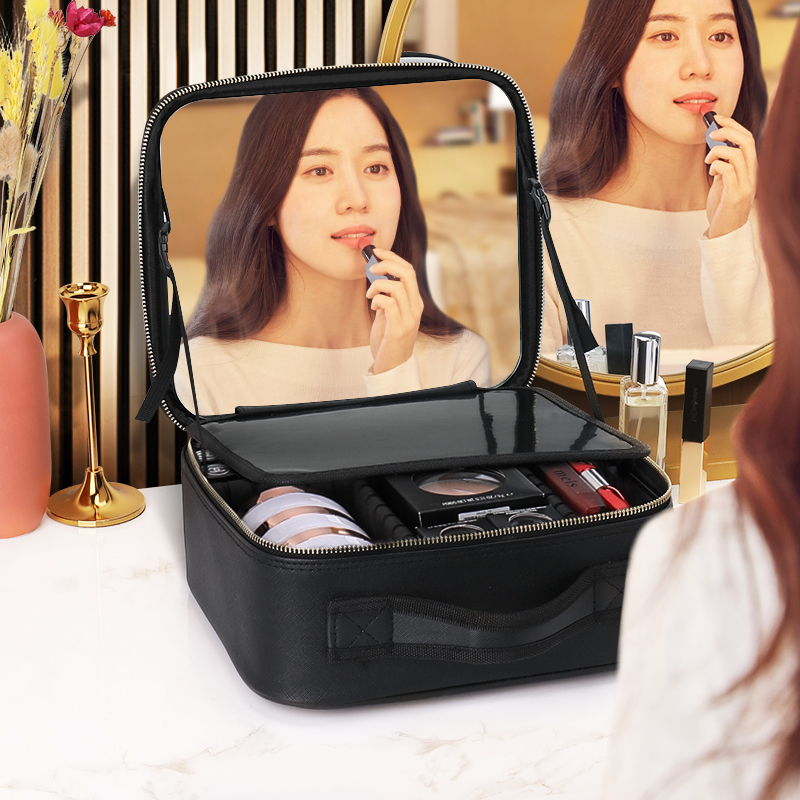 NICELAND带镜子化妆包女便携多功能跟妆师手提化妆品收纳箱2019新款韩国旅行收纳大容量包 黑色 带全屏镜子