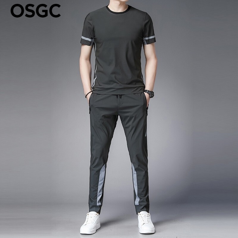 OSGC运动套装男原创潮牌夏季新款男士潮流时尚冰丝短袖T恤速干长裤两件套休闲跑步健身服 灰色 XL