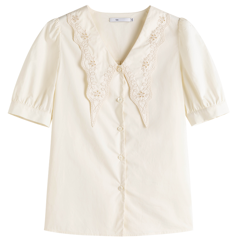 范思蓝恩法式衬衫女夏季短袖新款设计感小众刺绣衬衣211349 米色 S