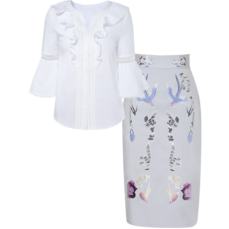 原创设计师女巫和骑士白色气质上衣绣花半身裙两件套2021年新款套装女 白色 L