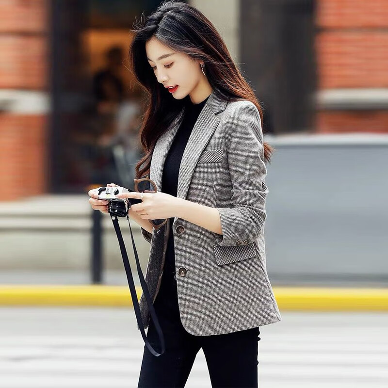 拉夏贝尔2021秋季新款韩版女装小西装外套女休闲气质小个子西服上衣短款外套 格子 7262 M（建议95斤-105斤）