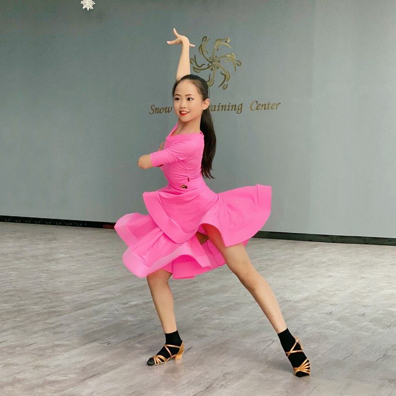 CONNY康尼拉丁舞服装女儿童舞蹈服规定比赛服跳舞练功演出服舞裙套装 芭比粉 XXS