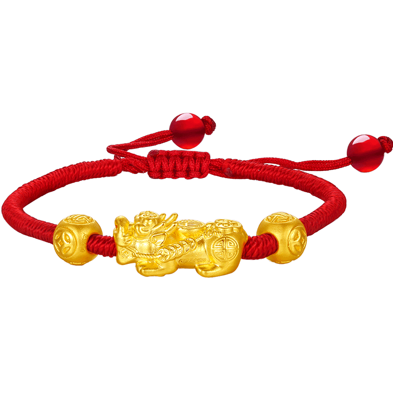 周六福 珠宝3D硬金黄金貔貅转运珠红绳手绳男女款 定价 AD171272 金重约1.9g