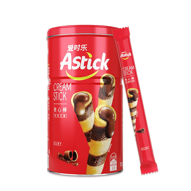 爱时乐(Astick) 巧克力味夹心棒(注心饼干）蛋卷威化饼干休闲零食小吃330g罐装（新老包装随机发货）