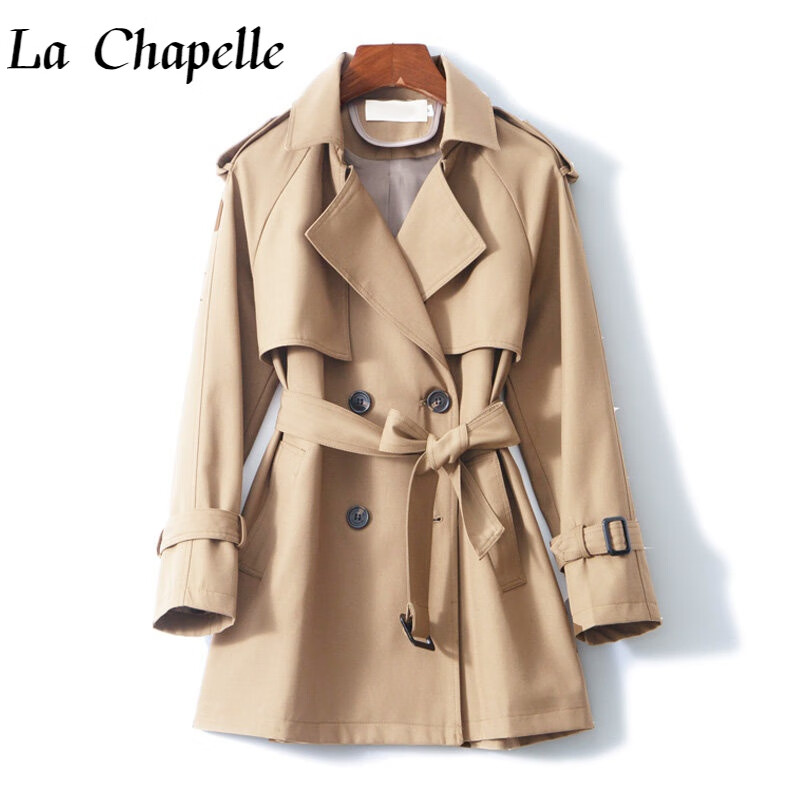 La Chapelle轻奢高档  短款风衣外套女小个子春秋2021年早秋时尚英伦风大衣女 卡其色 Ｍ