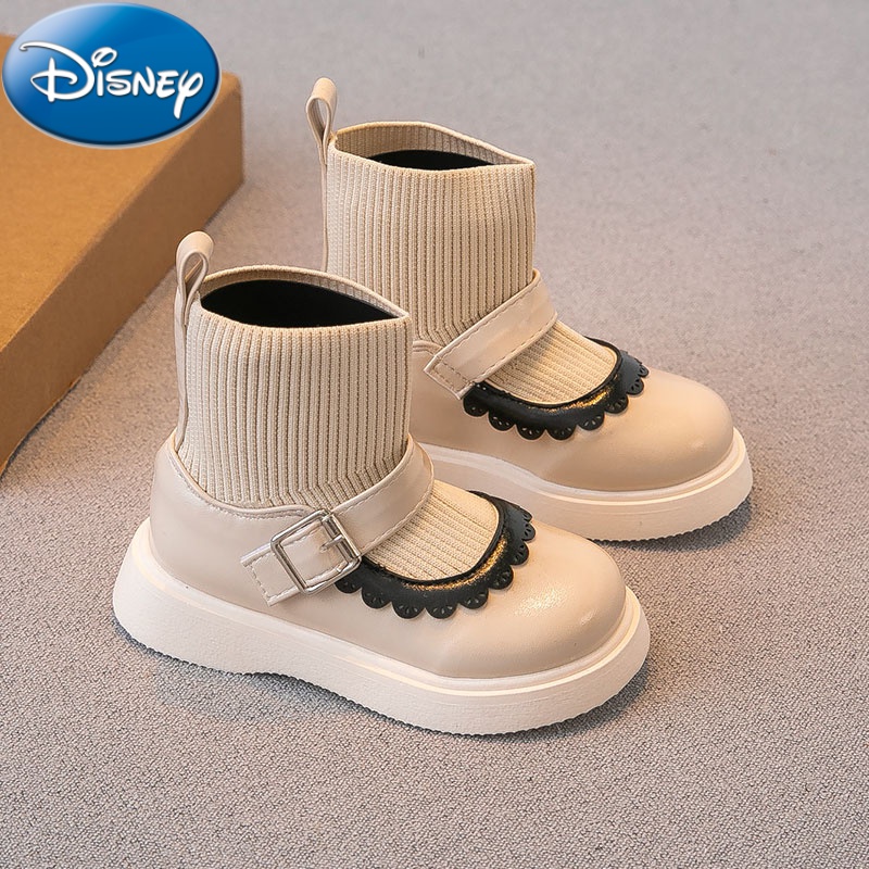 迪士尼小孩子穿的女童靴子2021年冬季冬新款儿童公主鞋短靴袜子靴单靴宝宝靴加绒二时装靴 米色 单内里 29码/内长18cm