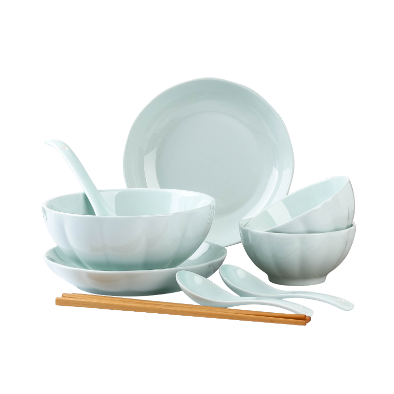 万享新品18头碗碟套装陶瓷家用碗盘面碗汤碗深盘水果盘碗单个筷餐具釉下青瓷