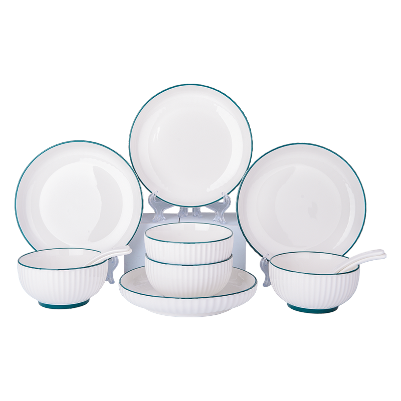 传旗 釉下彩简约12头陶瓷餐具套装 纯白餐具碗具盘子碟子套装 微波炉可用 霜华