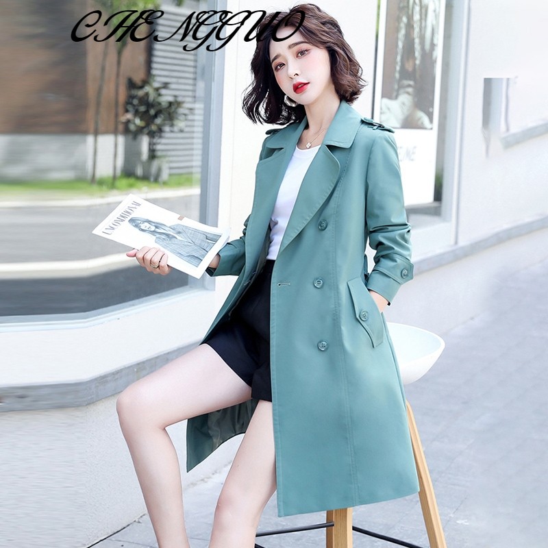 CHENGGUO轻奢品牌气质风衣外套女中长款2022年春季新款小个子双排扣薄款流行西装领大衣 绿色 XL