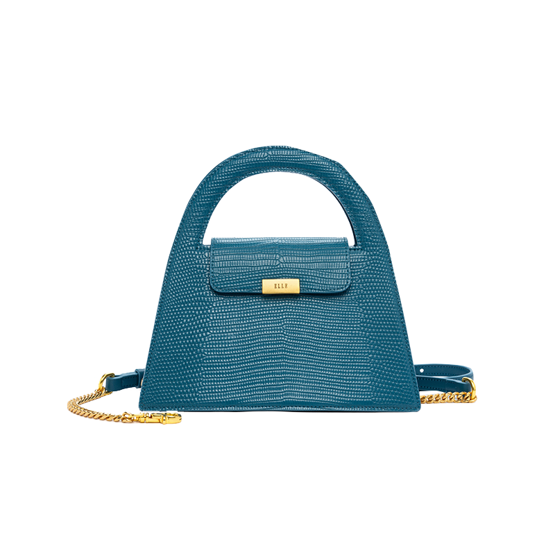 ELLE手提包包大容量蜥蜴纹贝壳包轻奢时尚休闲通勤梯形包蓝色01214生日礼物