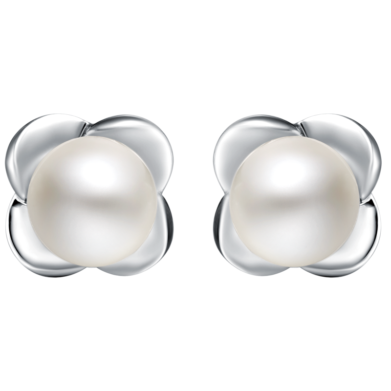 周大福（CHOW TAI FOOK）礼物 清新花瓣 925银镶珍珠耳钉 AQ32344 420 直径约6-6.5mm