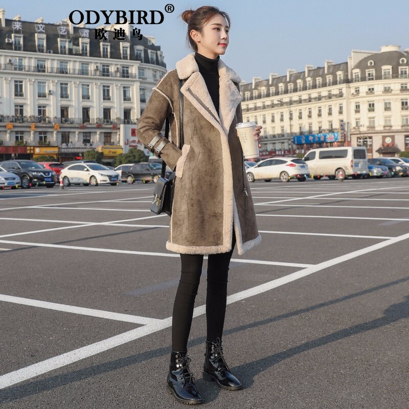 欧迪鸟（ODYBIRD）品牌女装皮毛一体外套女2021新款鹿皮绒加厚大衣机车中长款外套 棕色 XL