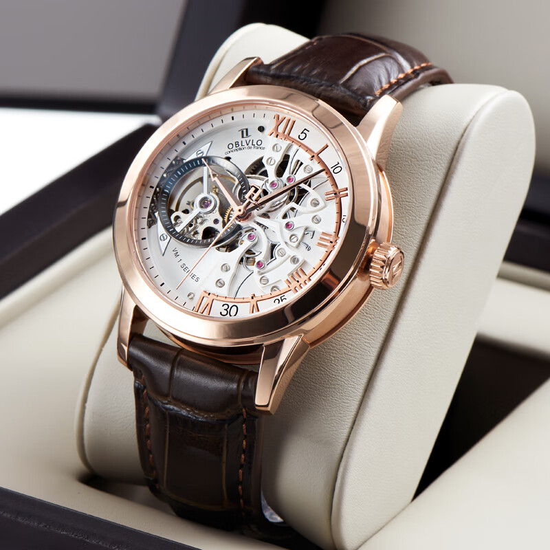 法国OBLVLO欧宝罗十大品牌全自动机械表镂空手表复古手表男直径42mm 金壳白面棕带