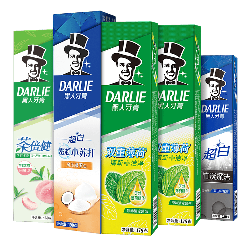 黑人（DARLIE）牙膏超白小苏打190g+竹炭120g+初萃茶160g+薄荷175g*2（820g）