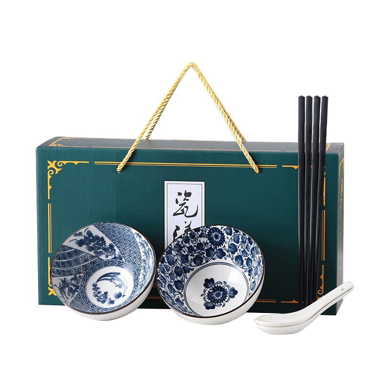 泰鑫兴 碗筷家用套装 年会 婚庆 礼品盒 碗具勺子筷子日式餐具组合 青花 6件套二碗二筷二勺