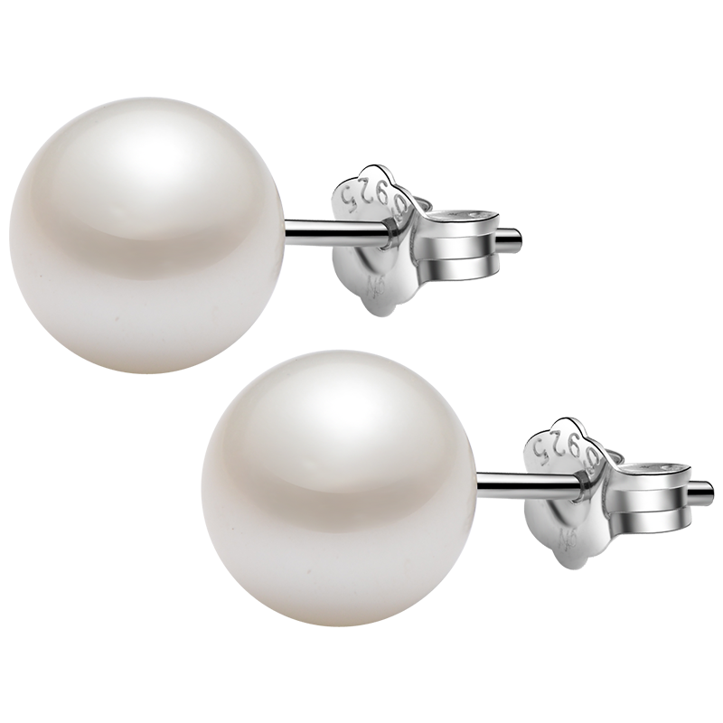 京润 倾心银镶淡水珍珠耳钉圆形白色7-8mm附证书