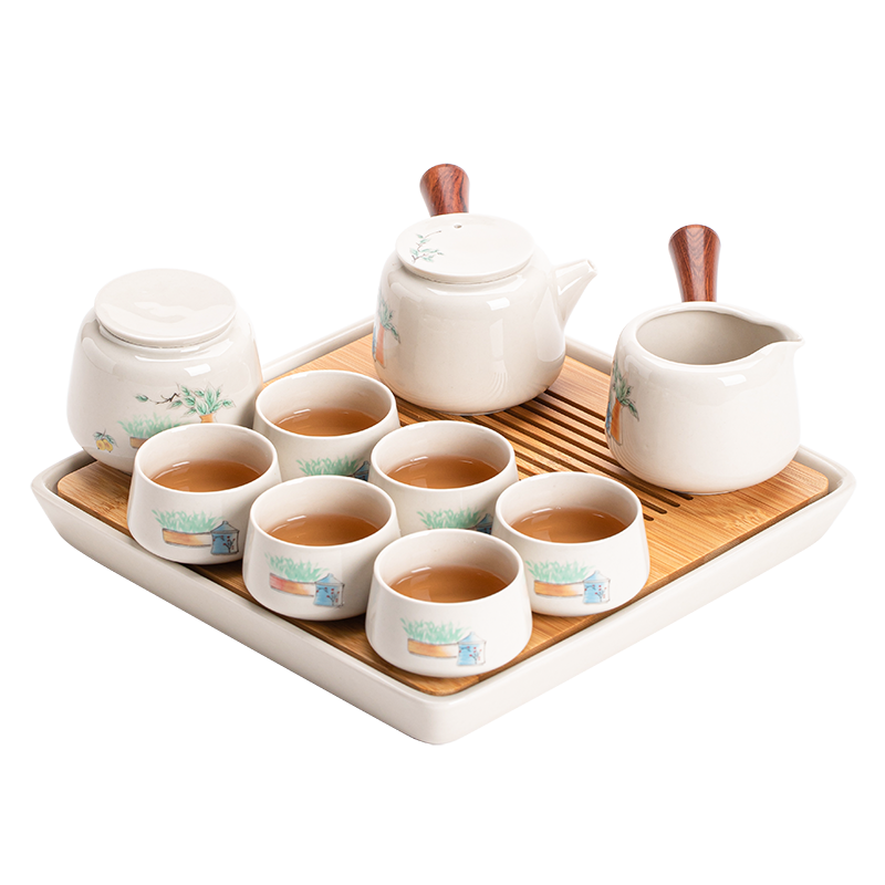 苏氏陶瓷（SUSHI CERAMICS）草木灰釉功夫茶具套装实木手柄双侧把茶壶竹面陶瓷储水茶托清新款礼盒装